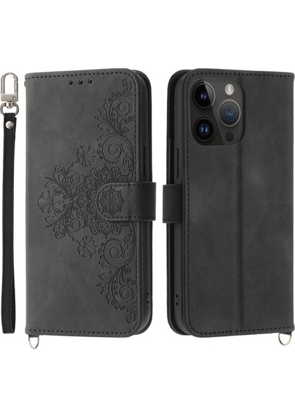 Iphone 14 Pro Telefon Kılıfı Için Baskılı Çiçekler Pu Deri Stand Manyetik Kıta Şok Geçirmez Terin Touch Kapağı Bilek Kayışı ve Omuz Kayış-Siyah (Yurt Dışından)
