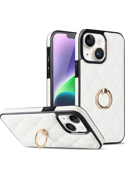 Iphone 14 Telefon Kasası Pu Deri+Tpu Baskılı Rhombus Izgara Desen Yüzük Tutucu Kickstand Telefon Kapak-Beyaz (Yurt Dışından)