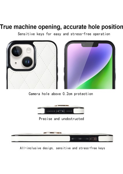 Iphone 14 Telefon Kasası Pu Deri+Tpu Baskılı Rhombus Izgara Desen Yüzük Tutucu Kickstand Telefon Kapak-Beyaz (Yurt Dışından) modelleri