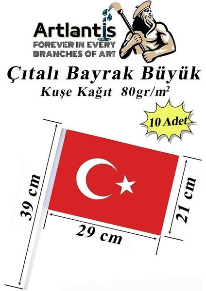 Çıtalı Bayrak Kağıt 21 x 29 cm 10 Adet Ay Yıldızlı Türk Bayrağı Çıtalı Sopalı Büyük Bayrak Plastik Çubuklu Bayrak