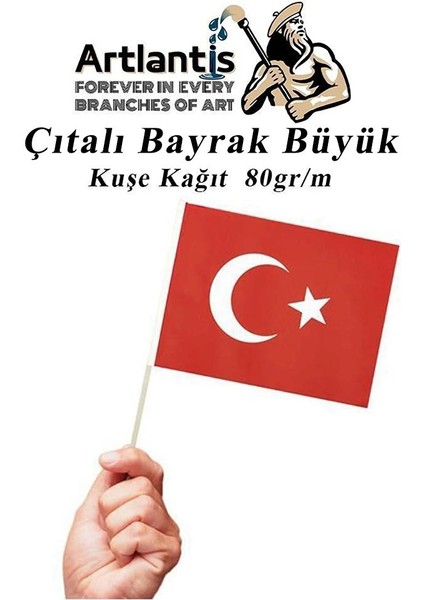 Çıtalı Bayrak Kağıt 21 x 29 cm 10 Adet Ay Yıldızlı Türk Bayrağı Çıtalı Sopalı Büyük Bayrak Plastik Çubuklu Bayrak