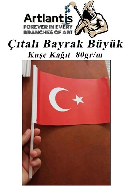 Çıtalı Bayrak Kağıt 21 x 29 cm 10 Adet Ay Yıldızlı Türk Bayrağı Çıtalı Sopalı Büyük Bayrak Plastik Çubuklu Bayrak