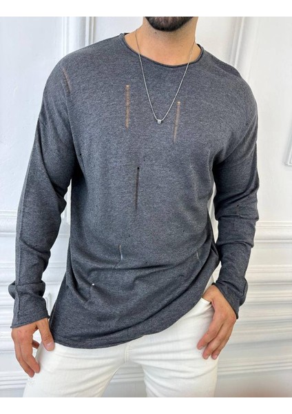 Yırtık Detaylı Lazer Kesim Triko Tişört Sweatshirt