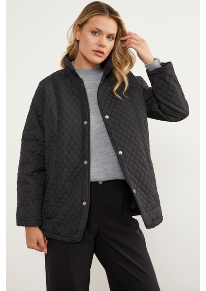 Çıt Çıtlı Gömlek Yaka Kapitone Mont - Siyah modelleri