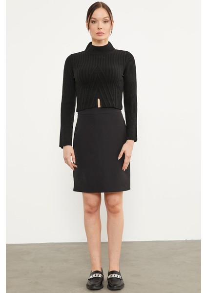 Yarım Balıkçı Crop Triko Kazak - Siyah