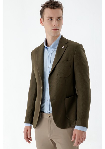 Erkek Haki Dokuma Slim Fit Torba Cep Mono Yaka Spor Ceket