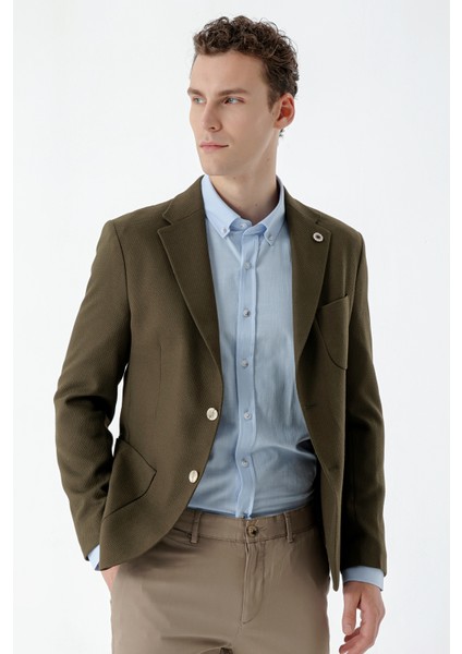 Erkek Haki Dokuma Slim Fit Torba Cep Mono Yaka Spor Ceket modelleri