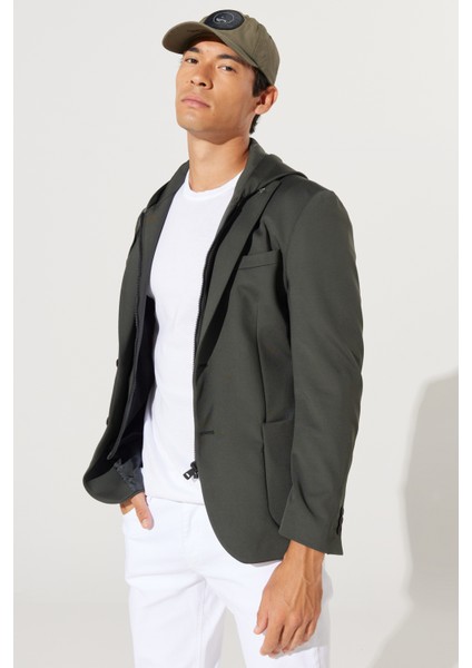 ALTINYILDIZ CLASSICS Erkek Haki Slim Fit Dar Kesim Mono Yaka Pamuklu Desenli Blazer Ceket