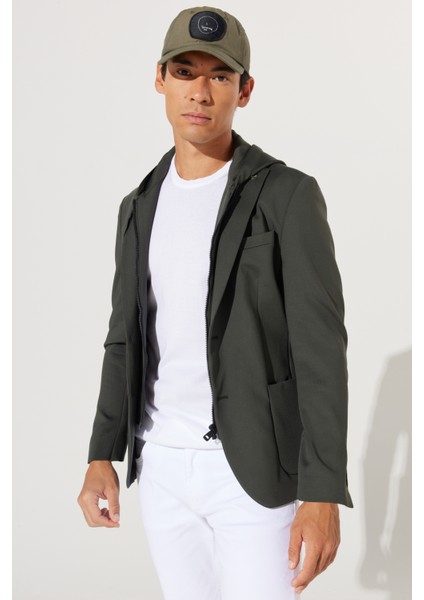 ALTINYILDIZ CLASSICS Erkek Haki Slim Fit Dar Kesim Mono Yaka Pamuklu Desenli Blazer Ceket