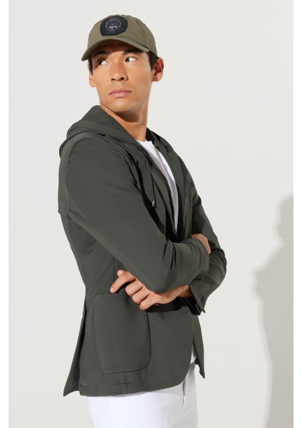ALTINYILDIZ CLASSICS Erkek Haki Slim Fit Dar Kesim Mono Yaka Pamuklu Desenli Blazer Ceket