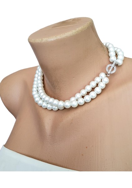 El Yapımı Abiye Beyaz Inci Kolye ve Bileklik Küpe Set