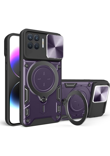 Oppo Reno 4 Lite Uyumlu Kılıf Zebana Manyetik Standlı Armor Silikon Kılıf Derin Mor