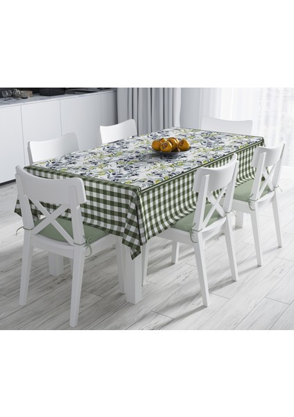 Ekoseli Zeytin Desenli Dekoratif Leke Tutmayan Masa Örtüsü (140 x 210)