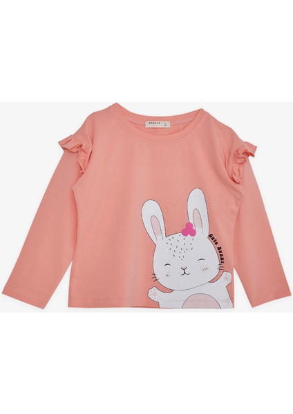 Kız Çocuk Uzun Kollu Tişört Sevimli Tavşancık Baskılı Omzu Fırfırlı 1-4 Yaş, Somon