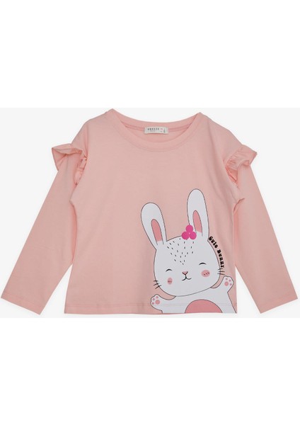 Kız Çocuk Uzun Kollu Tişört Sevimli Tavşancık Baskılı Omzu Fırfırlı 1-4 Yaş, Pembe