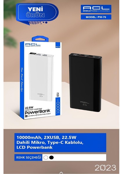 Pw-76 2xusb 22.5W LCD Gösterge Dahili Mikro Type-C Powerbank Güç Bankası 10.000MAH