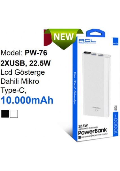 Pw-76 2xusb 22.5W LCD Gösterge Dahili Mikro Type-C Powerbank Güç Bankası 10.000MAH