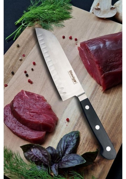 Elegant Dövme Çelik Santoku Şef Bıçağı Siyah 18 cm