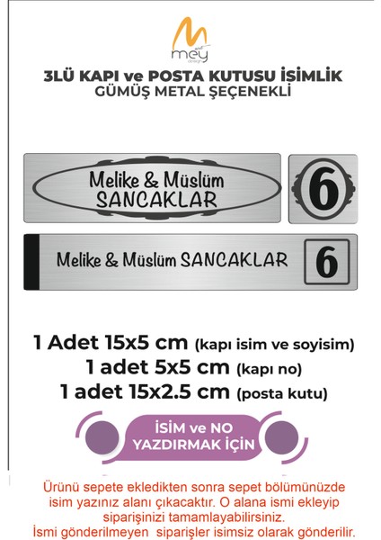 Gümüş Metal Kapı Isimliği Seti 3'lü - Kapı Isimliği, Kapı Numarası, Posta Kutusu Isimliği