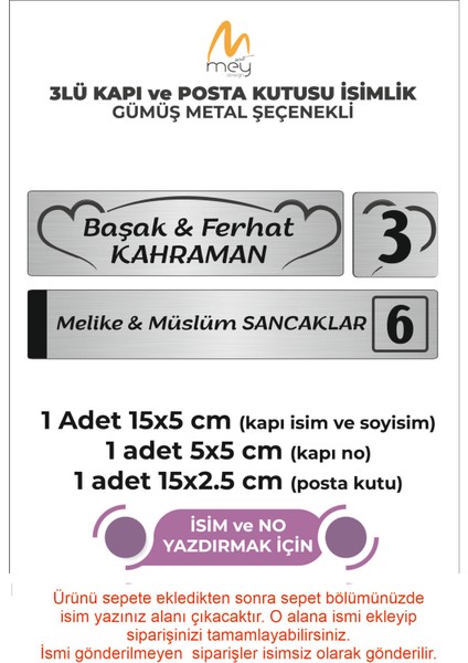 Gümüş Metal Kapı Isimliği Seti 3'lü - Kapı Isimliği, Kapı Numarası, Posta Kutusu Isimliği