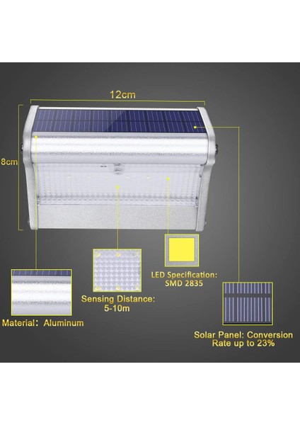 450 Lümen 24 LED Güneş Işığı, Alüminyum Alaşımlı Kabuk, Dış Mekan Su Geçirmez, Radar Hareket Algılama, Sundurma, Bahçe, Avlu, Garaj Uygulaması (2 Paket) (Yurt Dışından) modelleri