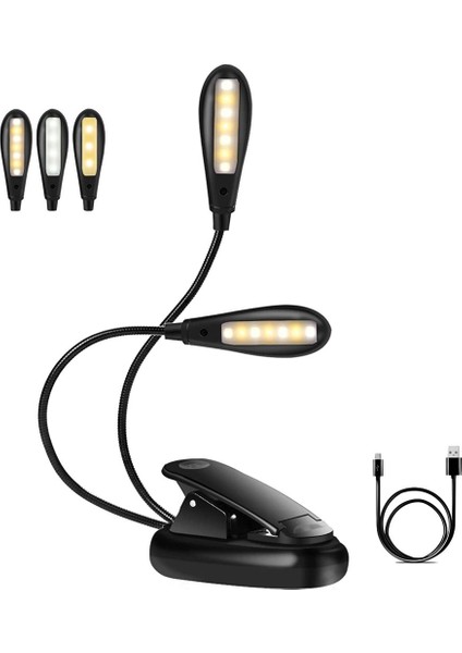 Okuma Lambası Kitap Kelepçesi USB ile Şarj Edilmiş 14 Led'li 3 Renk Sıcaklığı 3 Parlaklık Çift Kafa 360° Esnek Müzik Standı Gece Okuma Yatağı Kitap Işığı Siyah (Yurt Dışından)