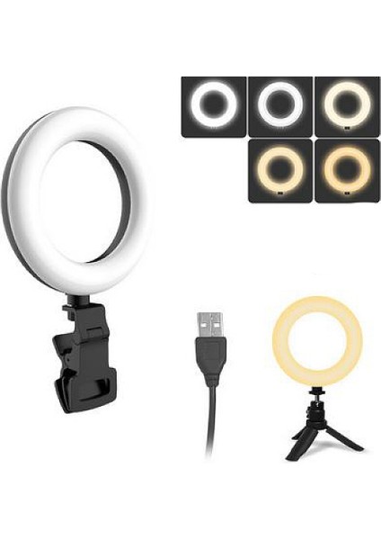 Halka Işıklı Dizüstü Bilgisayar, Tripod ve Kelepçeli 5 Inç Halka Işık, 5 Aydınlatma Modu ve 11 Parlaklık Özelliğine Sahip (Yurt Dışından)