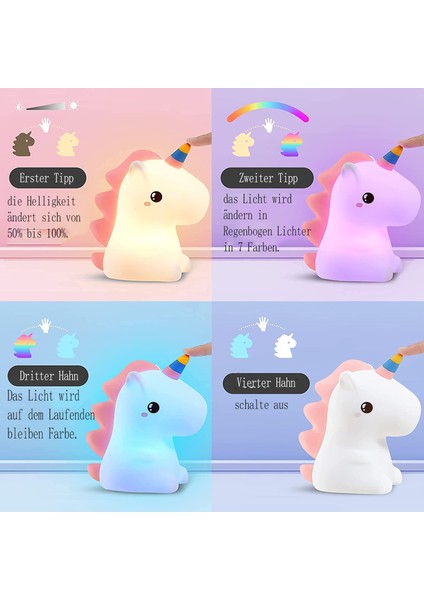 Unicorn Çocuk Gece Lambası, Kawaii Bebek Gece Lambası, Bebek Odası LED Başucu Lambası, USB Silikon Bakım Işığı (Yurt Dışından)