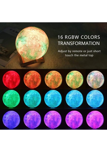 Ay Lambası Dokunmatik LED Gece Lambası, 3D 15CM Çok Renkli Ay Lambası Uzaktan Kumanda ile 16 Renk Kısılabilir, Yatak Odası Dekorasyonu Için USB Şarj Edilebilir (Yurt Dışından)
