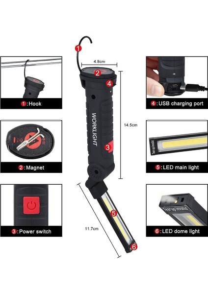 Şarj Edilebilir LED Taşınabilir Çalışma Işığı, Güçlü Şarj Edilebilir LED Çalışma Işığı, 5 Modlu Manyetik Tabanlı Cob Mıknatıslı Lamba [büyük, 2 Parça] (Yurt Dışından) modelleri