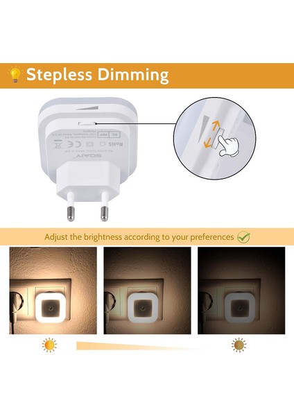 Alacakaranlık Sensörlü 4 Kısılabilir LED Gece Lambası Seti 0,2 W Enerji Tasarruflu Yönlendirme Lambası Çocuk Odası, Yatak Odası, Koridor, Merdiven, Mutfak, Sıcak Beyaz (Yurt Dışından)