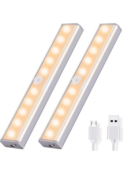 Dolap Işığı 2'li Set, Hareket Sensörlü Dolap Işığı 10 LED Yapışkanlı Manyetik Şerit Dolap, Yatak Odası, Merdiven, Mutfak Için Kablosuz USB Şarj Edilebilir Sıcak Beyaz (Yurt Dışından)