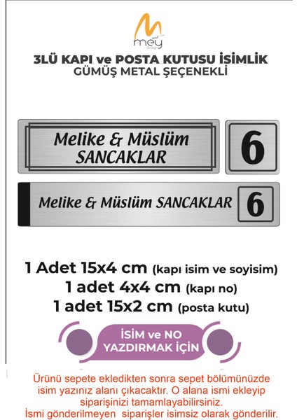 Gümüş Metal Kapı İsimliği Seti 3'lü - Kapı İsimliği, Kapı Numarası, Posta Kutusu İsimliği