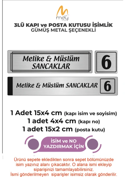 Mey Art Gümüş Metal Kapı İsimliği Seti 3'lü - Kapı İsimliği, Kapı Numarası, Posta Kutusu İsimliği