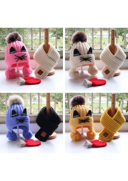 Çocuk Eşarp Peluş Şapka Eldiven Örgü Şapka Takımı (Yurt Dışından)