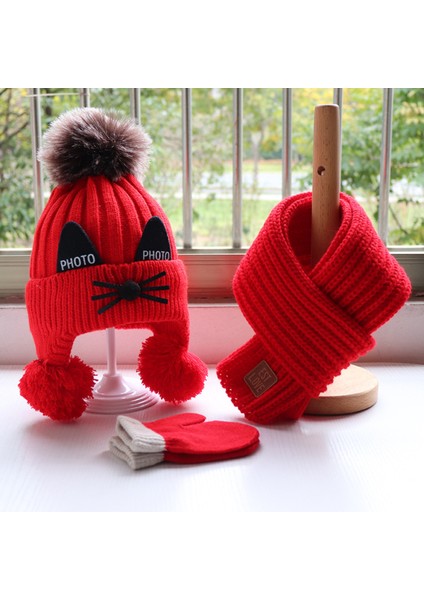 Çocuk Eşarp Peluş Şapka Eldiven Örgü Şapka Takımı (Yurt Dışından)