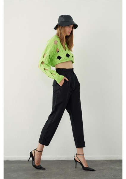 Kivi Oversize Delikli Triko Crop Kazak fiyatları