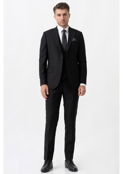 Terni TY2001 Slim Fit Yelekli 6 Drop Düz Takım Elbise Siyah