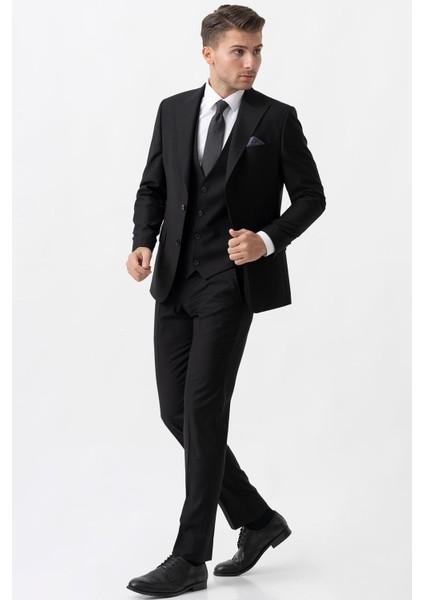Terni TY2001 Slim Fit Yelekli 6 Drop Düz Takım Elbise Siyah