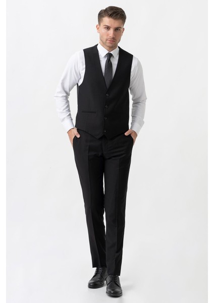 Terni TY2001 Slim Fit Yelekli 6 Drop Düz Takım Elbise Siyah