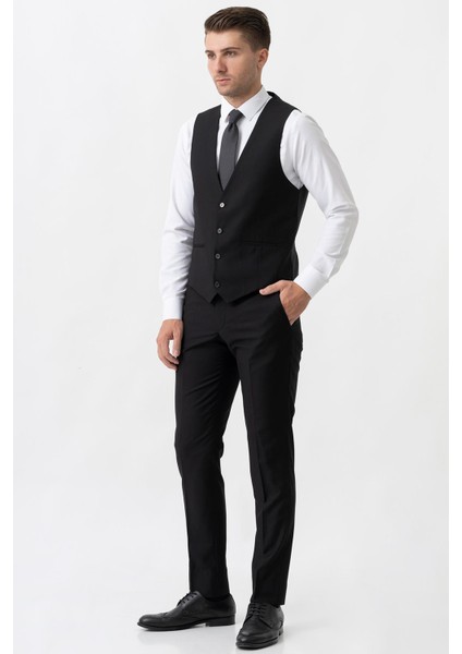 Terni TY2001 Slim Fit Yelekli 6 Drop Düz Takım Elbise Siyah