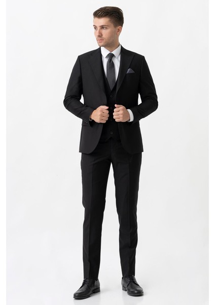 Terni TY2001 Slim Fit Yelekli 6 Drop Düz Takım Elbise Siyah