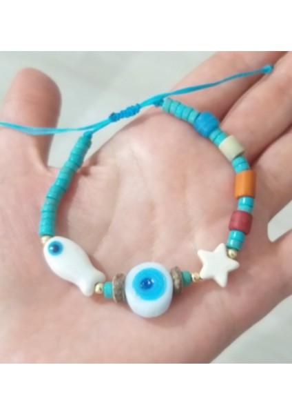 El Yapımı Beyaz Cam Nazar ve Hint Cam Boncuklu Yıldızlı Seramik Balık Bileklik fiyatları