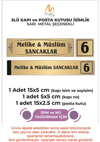 Altın Metal Kapı İsimliği Seti 3'lü - Kapı İsimliği, Kapı Numarası, Posta Kutusu İsimliği