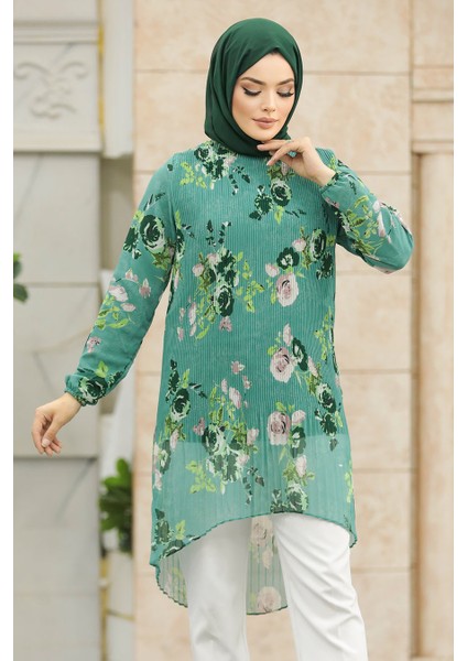 Çiçek Desenli Çağla Yeşili Tesettür Tunik 91236CY