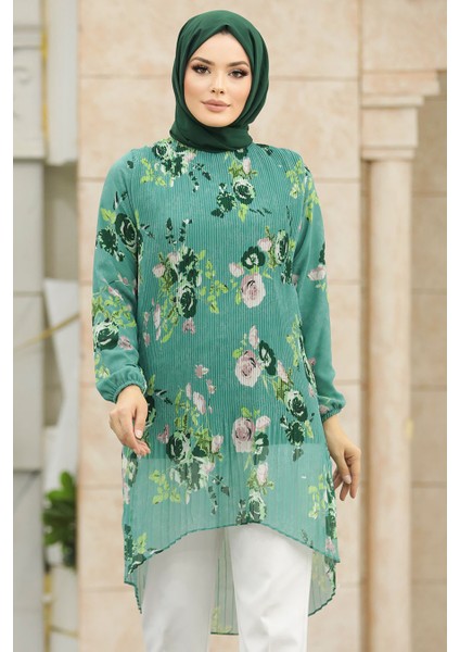 Çiçek Desenli Çağla Yeşili Tesettür Tunik 91236CY fiyatları