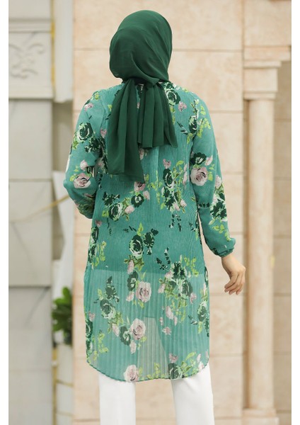 Çiçek Desenli Çağla Yeşili Tesettür Tunik 91236CY modelleri