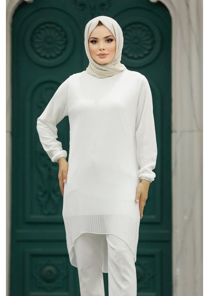Arkası Uzun Beyaz Tesettür Tunik 91235B