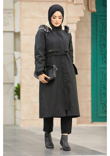 Kürklü Siyah Tesettür Parka 60651S