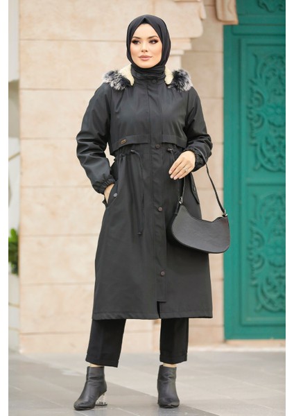 Kürklü Siyah Tesettür Parka 60651S modelleri